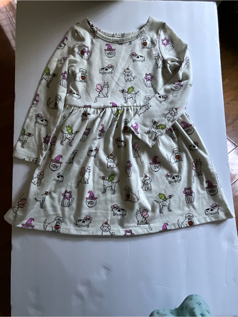 Cat & Jack Cream Long-Sleeve Dress with Pink & Green Halloween Theme 12 MO.